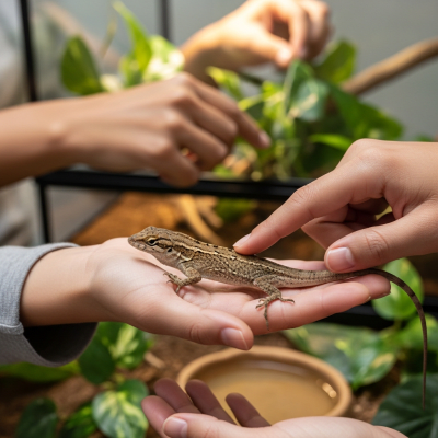 Image of a Brown Anole interacting with humans in a responsible pet-keeping context