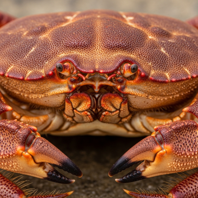 Close-up macro photograph of the shell texture and claws of a single Brown Crab