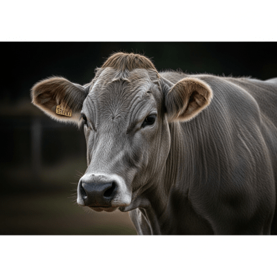 Editorial-style portrait of a Brown Swiss from the taxonomy cows, with dramatic lighting and shallow depth of field to highlight unique features or markings.