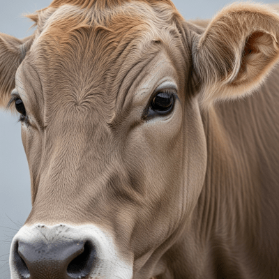 Close-up photograph of the head and face of a Brown Swiss, focusing on distinctive features such as eyes, ears, and fur texture