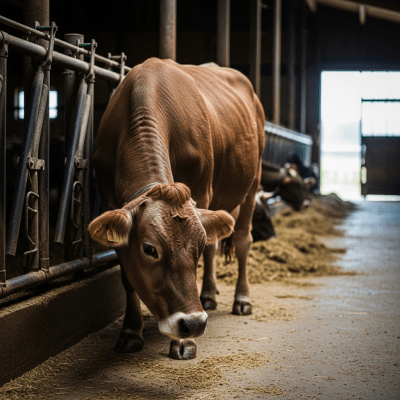 Documentary-style image of a Brown Swiss in a barn or shelter environment, showing typical housing conditions for cows