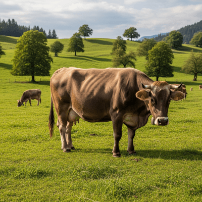 Naturalistic image of a Brown Swiss in its typical environment, such as a grassy pasture or open field