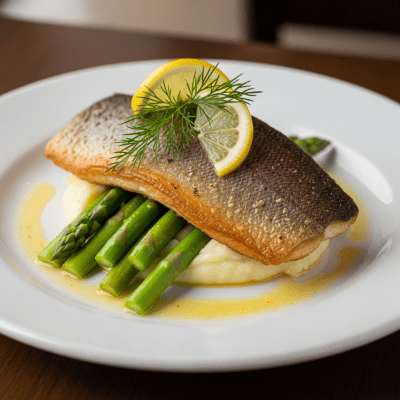 A culinary presentation featuring a prepared dish made with Brown Trout, of the taxonomy fish