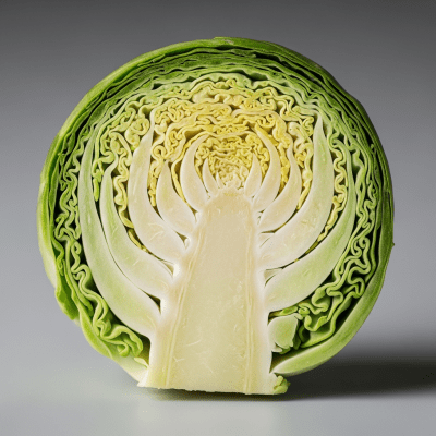 Detailed cross-sectional view of a fresh Brussels Sprout