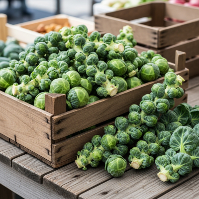 Image showing freshly harvested Brussels Sprout, displayed in a farmer's market basket or crate