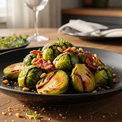 Photograph of a prepared dish or serving featuring the Brussels Sprout, as commonly used in cuisine within the taxonomy vegetables