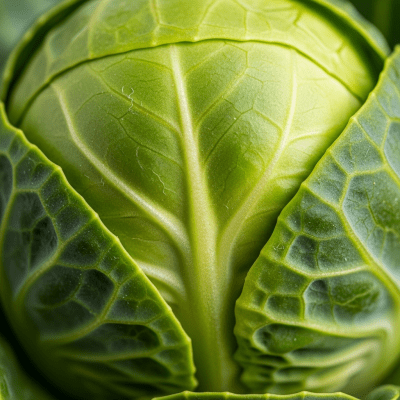 Close-up macro photograph of surface details and textures of a single Brussels Sprout