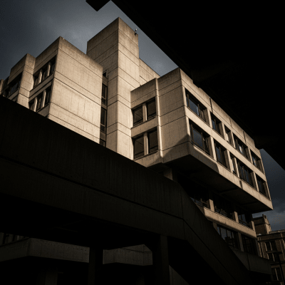 Dramatic, editorial-style image of Brutalism from the architecture taxonomy, captured from a low angle to emphasize grandeur and form.