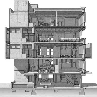 Detailed cross-sectional illustration or cutaway view showing the internal layout and key structural elements of the Brutalism (architecture)