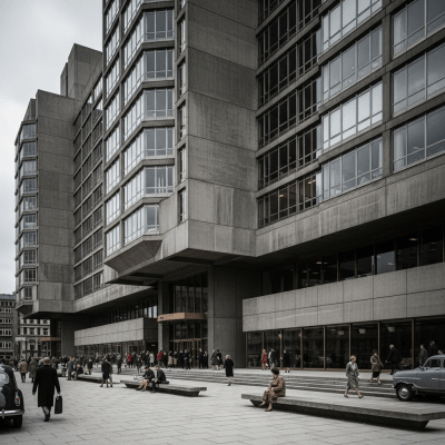 Photograph depicting Brutalism, an example of architecture, in active use or cultural context—such as being inhabited, visited, or used for its intended purpose—while keeping focus on the structure itself