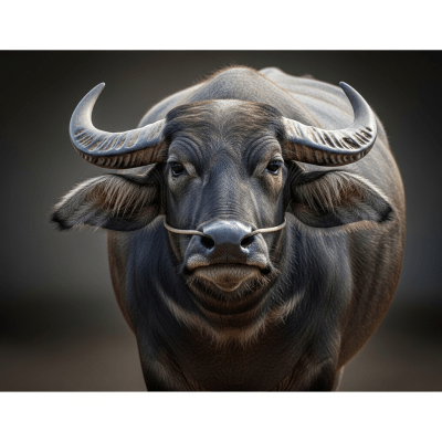 Editorial-style portrait of a Bubalus bubalis (domestic water buffalo) from the taxonomy cows, with dramatic lighting and shallow depth of field to highlight unique features or markings.