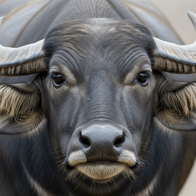 Close-up photograph of the head and face of a Bubalus bubalis (domestic water buffalo), focusing on distinctive features such as eyes, ears, and fur texture