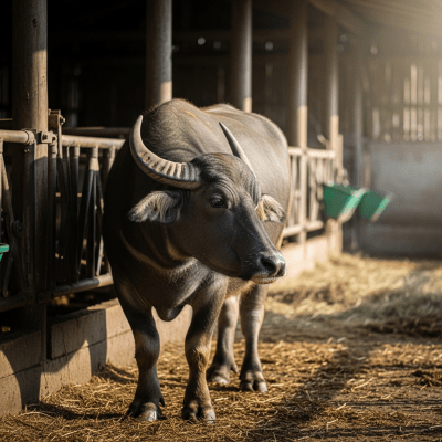 Documentary-style image of a Bubalus bubalis (domestic water buffalo) in a barn or shelter environment, showing typical housing conditions for cows