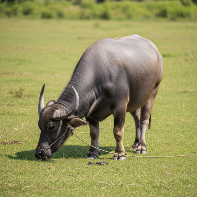 Naturalistic image of a Bubalus bubalis (domestic water buffalo) in its typical environment, such as a grassy pasture or open field