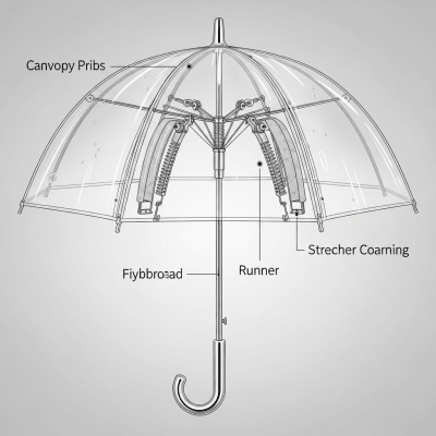 Detailed cross-sectional illustration of a Bubble Umbrella, showing the internal structure such as ribs, shaft, and canopy fabric