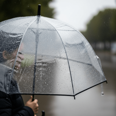 A realistic image of a Bubble Umbrella (umbrellas) being used outdoors during a light rain, with droplets visible on the umbrella surface