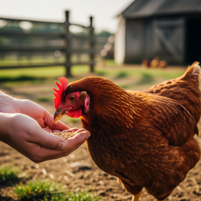 Photograph of a Buckeye from the chicken taxonomy interacting with humans in a typical farm setting