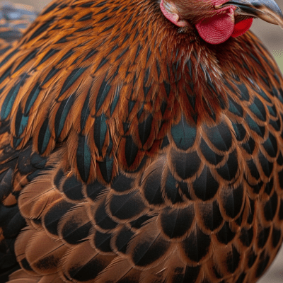 Close-up macro photograph highlighting the feather texture and coloration of a Buckeye from the chicken taxonomy