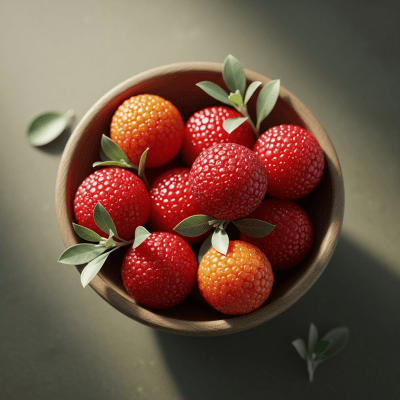 A high resolution image of several fresh Buffaloberrys arranged in a simple bowl, representing their use within the taxonomy berries
