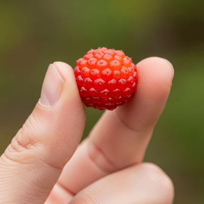 A factual photograph of a hand holding a ripe Buffaloberry, illustrating its size and appearance for the taxonomy berries
