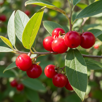 A naturalistic photograph of a Buffaloberry growing on its plant in its typical environment, representing the taxonomy berries