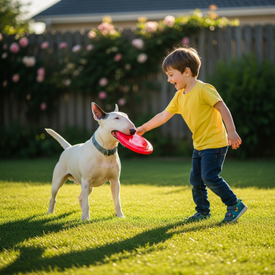 Image of a Bull Terrier interacting with humans in a typical cultural or domestic setting
