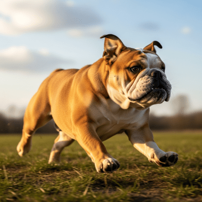 Full body action shot of a Bulldog