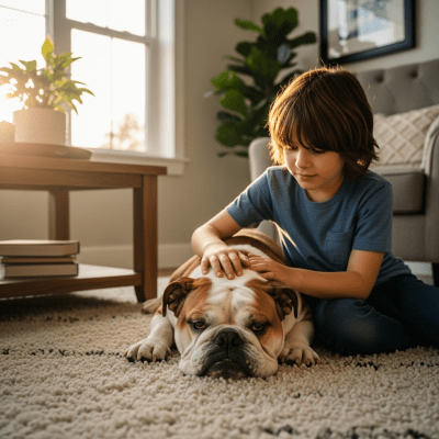 Image of a Bulldog interacting with humans in a typical cultural or domestic setting