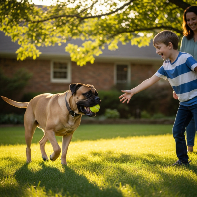 Image of a Bullmastiff interacting with humans in a typical cultural or domestic setting