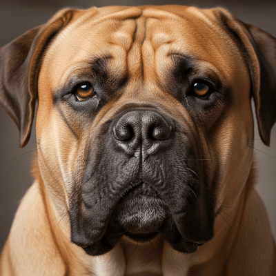 Close-up photograph of the face of a Bullmastiff