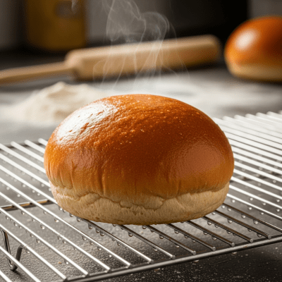Photograph of freshly baked Bun, cooling on a wire rack