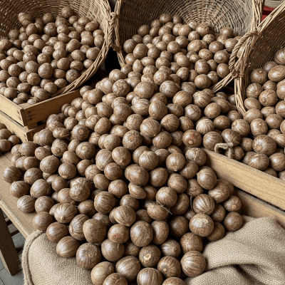 Photo showing harvested Bunya nut (nuts) nuts in bulk, such as in baskets or containers