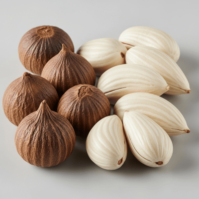 Image of a handful of unshelled and shelled Bunya nut (nuts), side by side