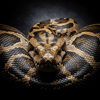A striking, editorial-style portrait of a Burmese Python (reptiles) in dramatic lighting.