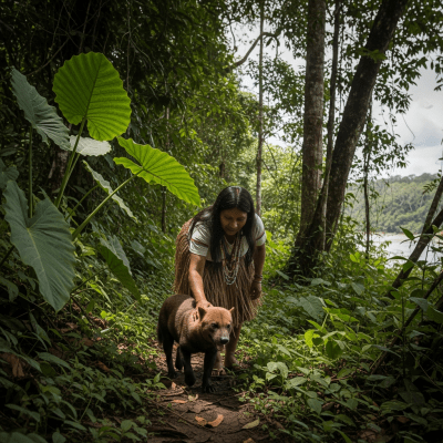 Image of a Bush Dog interacting with humans in a cultural or practical context