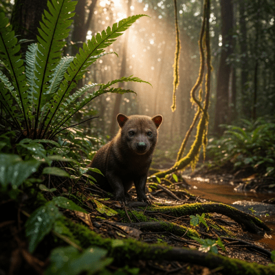 Photograph of a Bush Dog, part of the taxonomy canines, in its typical natural environment