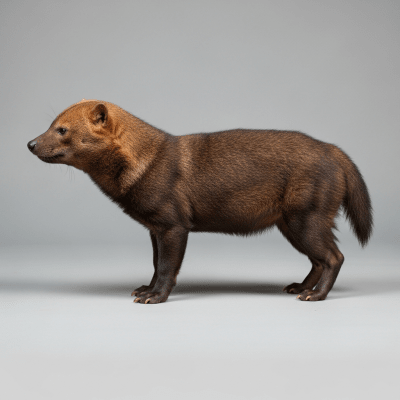 Side profile photograph of a standing Bush Dog, part of the taxonomy canines