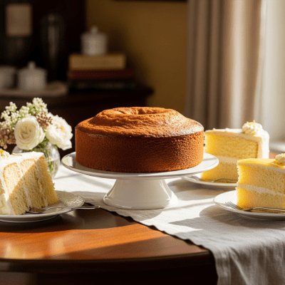A realistic image of a whole Butter Cake (cake) displayed on a classic dessert table in a home or bakery setting
