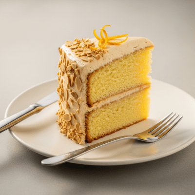 An image of a single slice of Butter Cake, from the cake taxonomy, isolated on a plate with simple cutlery