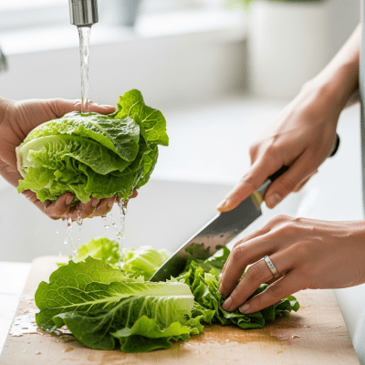Photograph of a diverse pair of hands preparing or serving Buttercrunch Lettuce in a kitchen setting