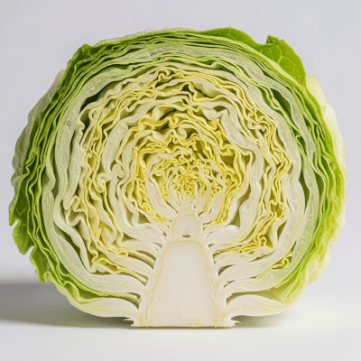 Detailed close-up image of a freshly cut cross-section of Butterhead Lettuce, of the taxonomy lettuce