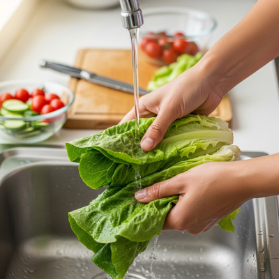 Photograph of a diverse pair of hands preparing or serving Butterhead Lettuce in a kitchen setting