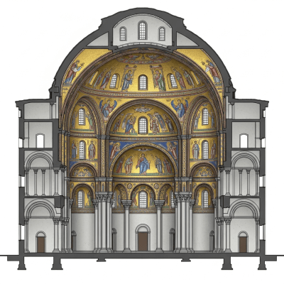 Detailed cross-sectional illustration or cutaway view showing the internal layout and key structural elements of the Byzantine (architecture)