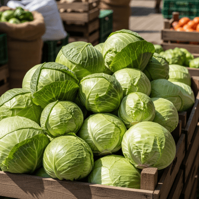 Image showing freshly harvested Cabbage, displayed in a farmer's market basket or crate