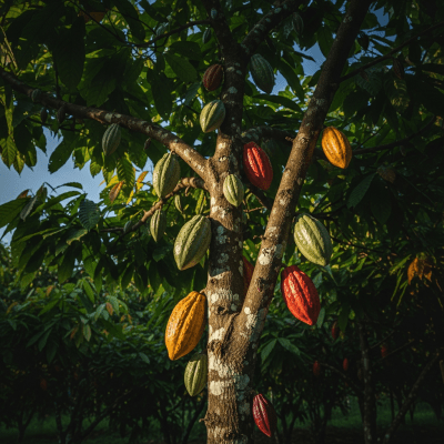 Striking editorial image of a single Cacao (trees), photographed from a low angle to emphasize its grandeur.