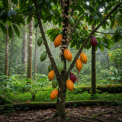 A realistic depiction of a mature Cacao (trees) in its typical natural environment