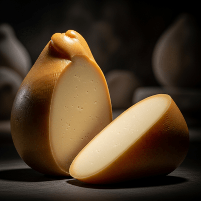 A wedge or whole Caciocavallo from the taxonomy cheeses, styled in an elegant, editorial manner.
