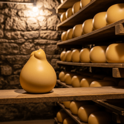 A whole wheel or block of Caciocavallo, shown in an artisanal cellar or aging environment typical for this cheese