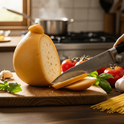A piece of Caciocavallo being used in a classic culinary preparation or dish where it is commonly featured