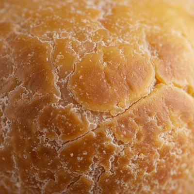 A close-up macro photograph of the rind and surface texture of a Caciocavallo